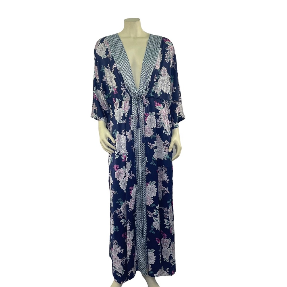 Soma Navy Floral Satin Long Robe - Womens Size L/XL